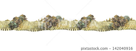 Watercolor landscape with vineyards, grape fields, bushes, trees and grape plant. Rural nature seamless border. Winemaking farm hand draw illustration Isolated from background country view pattern. 142040916
