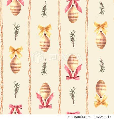 Vintage Pine cone Christmas fir toys with golden and red bows and spruce branch watercolor seamless pattern. Xmas, New Year festive fabric, wrapping paper on Isolated coloured background illustration. 142040918