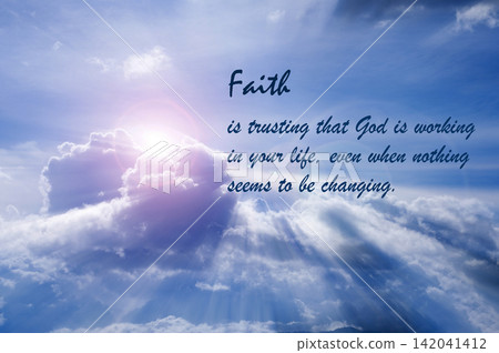 Faith themed image showing a calm sky background with inspirational words about trust, hope, and spiritual belief. 142041412