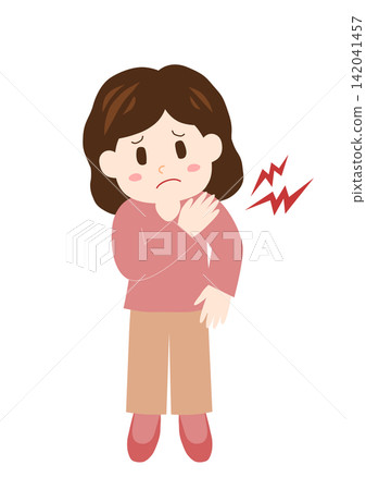 A woman suffering from stiff shoulders places her hand on her shoulder. A woman suffering from stiff shoulders places her hand on her shoulder. 142041457
