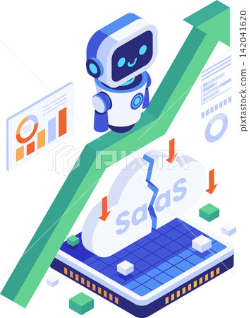 Isometric Robot Riding Rising Arrow with Broken SaaS Cloud Business Isometric Robot Riding Rising Arrow with Broken SaaS Cloud Business 142041620