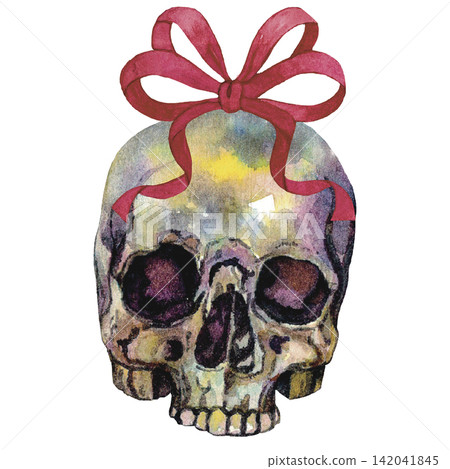 Halloween Skull with Colorful Bow and Decorative Ribbon Watercolor Illustration 142041845