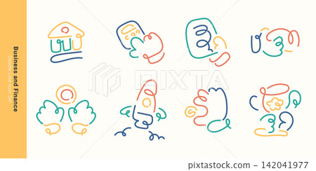 Business and finance investment concepts. Minimal doodle line icon set featuring bank building, calculator, document contract, rocket launch, and trophy award. Business and finance investment concepts. Minimal doodle line icon set featuring bank building, calculator, document contract, rocket launch, and trophy award. 142041977