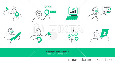 Business and finance data analysis concepts. Doodle line characters holding magnifying glass, analyzing charts, holding growth arrow, presenting pie chart, and percentage discount. Business and finance data analysis concepts. Doodle line characters holding magnifying glass, analyzing charts, holding growth arrow, presenting pie chart, and percentage discount. 142041978