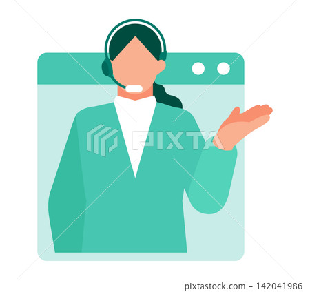 An illustration of a female operator in a suit wearing a headset and guiding a chatbot within a web browser. An illustration of a female operator in a suit wearing a headset and guiding a chatbot within a web browser. 142041986