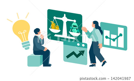 A business illustration depicting a woman presenting the cost-effectiveness and challenges of AI implementation to a man in a suit. A business illustration depicting a woman presenting the cost-effectiveness and challenges of AI implementation to a man in a suit. 142041987