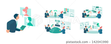 A set of illustrations for hybrid meetings and remote communication utilizing the latest IT technologies, and for diverse teams. A set of illustrations for hybrid meetings and remote communication utilizing the latest IT technologies, and for diverse teams. 142041990