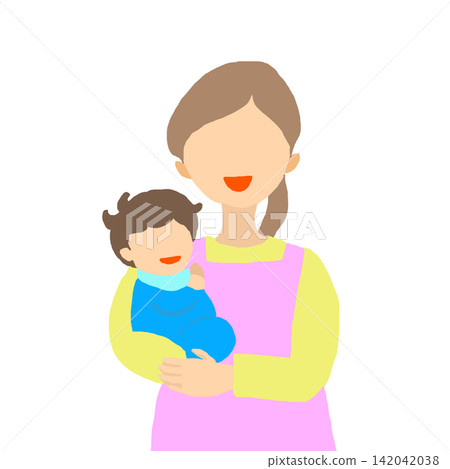 Illustration of a female childcare worker holding a baby. Illustration of a female childcare worker holding a baby. 142042038
