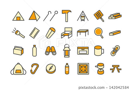Set of 29 camping equipment icons (colorable) Set of 29 camping equipment icons (colorable) 142042584