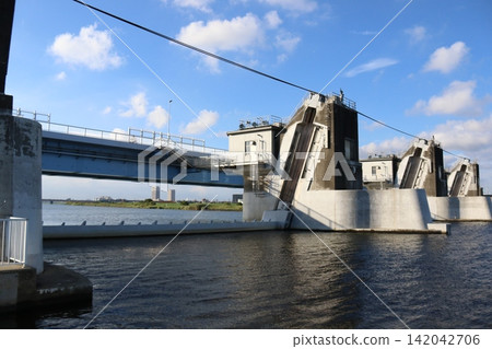 The Gyotoku Movable Weir, a massive infrastructure supporting flood control and water utilization, under the blue sky. The Gyotoku Movable Weir, a massive infrastructure supporting flood control and water utilization, under the blue sky. 142042706