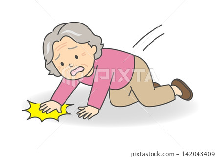 An illustration of an old woman who has fallen and put her hands out to break her fall. An illustration of an old woman who has fallen and put her hands out to break her fall. 142043409