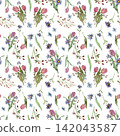 Pink Tulips and Blue Flowers Seamless Pattern 142043587