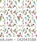 Colorful Pink Tulips and Green Leaves Pattern 142043588