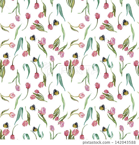 Colorful Pink Tulips and Green Leaves Pattern Colorful Pink Tulips and Green Leaves Pattern 142043588