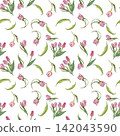 Pink Tulips and Green Leaves Floral Seamless Pattern 142043590