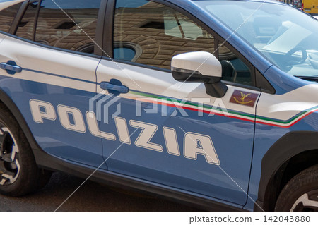 Italian State Police Car of the Railway Department Polizia Ferroviaria Patrolling the Italian State Police Car of the Railway Department Polizia Ferroviaria Patrolling the 142043880