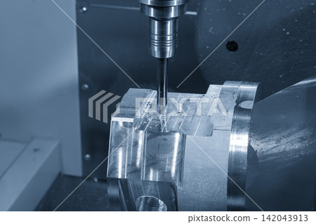 Bore cutting process on aluminum part using indexable tool on 5 axis CNC milling machine in blue tone Bore cutting process on aluminum part using indexable tool on 5 axis CNC milling machine in blue tone 142043913