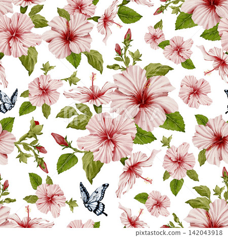 Tropical hibiscus flowers watercolor seamless pattern with blue butterfly on white background . Floral summer print with blooming garden plant elements Tropical hibiscus flowers watercolor seamless pattern with blue butterfly on white background . Floral summer print with blooming garden plant elements 142043918