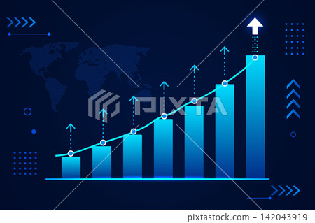 Blue bar graph and rising arrow Blue bar graph and rising arrow 142043919