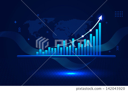 blue rising bar graph and upward arrow, digital business success 142043920