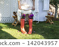 A rustic outdoor scene featuring a person in a light dress with lace trim and bright orange rain boots used as flower pots, filled with purple blossoms. 142043957