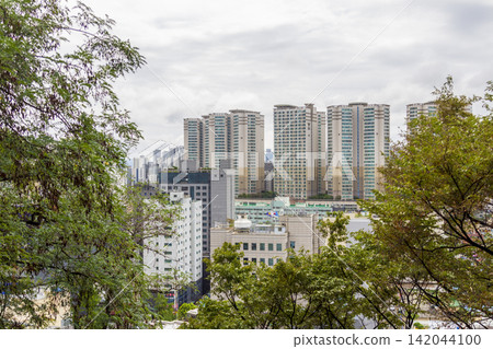 Modern apartment towers rise behind dense green foliage beneath a cloudy sky with ample copy space. Modern apartment towers rise behind dense green foliage beneath a cloudy sky with ample copy space. 142044100