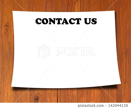 CONTACT US text on white paper banner with wood wall background CONTACT US text on white paper banner with wood wall background 142044138