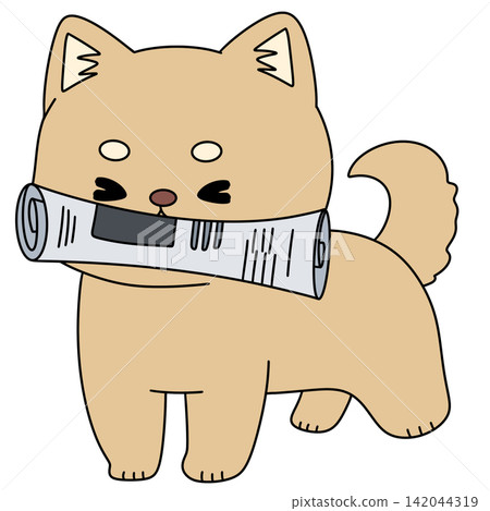 Cute cartoon dog holds rolled-up newspaper Cute cartoon dog holds rolled-up newspaper 142044319
