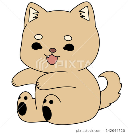 Cute tan puppy sits, tongue out, eyes bright 142044320