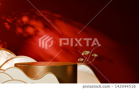 China concept red wedding style with display stand ,stage podium chinese for present products.3D rendering China concept red wedding style with display stand ,stage podium chinese for present products.3D rendering 142044516
