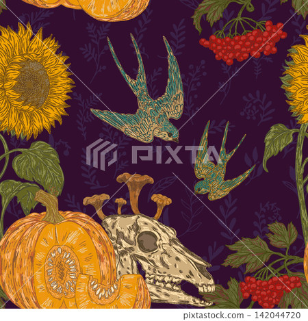 seamless pattern with pumpkins, autumn leaves seamless pattern with pumpkins, autumn leaves 142044720