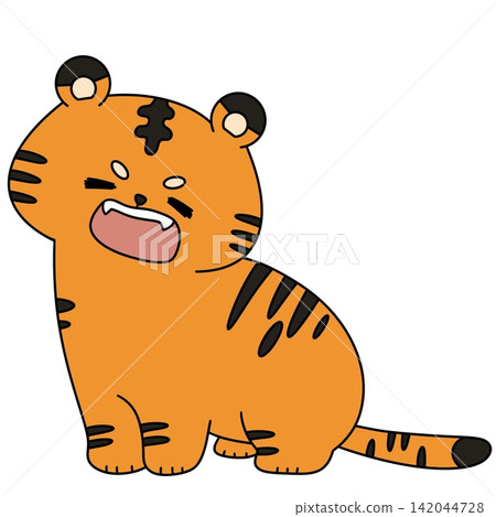 Cute cartoon tiger sits with open mouth Cute cartoon tiger sits with open mouth 142044728