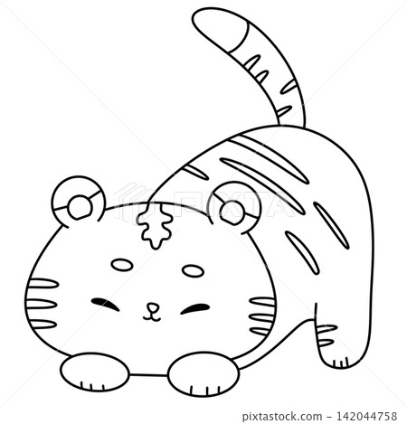 Cartoon cat curls up comfortably Cartoon cat curls up comfortably 142044758