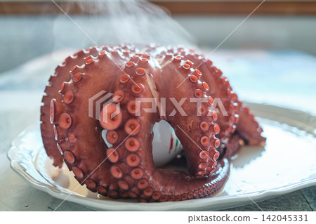 Whole cooked octopus prepared for traditional cooking Whole cooked octopus prepared for traditional cooking 142045331