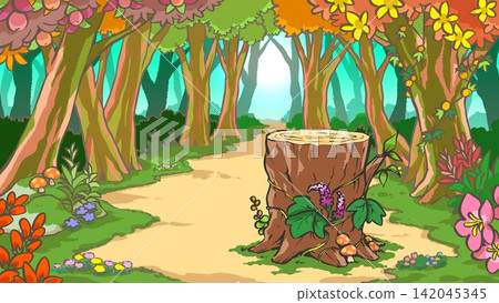 A tree stump by the side of a fantastical forest path A tree stump by the side of a fantastical forest path 142045345