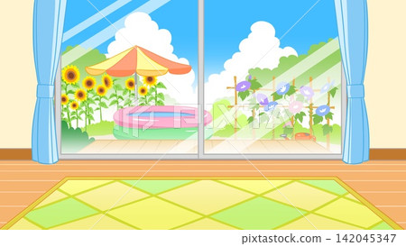 A living room with a view of the swimming pool and sunflowers during summer vacation. A living room with a view of the swimming pool and sunflowers during summer vacation. 142045347