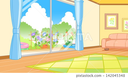 A summer living room with a view of morning glories and a vegetable garden. A summer living room with a view of morning glories and a vegetable garden. 142045348