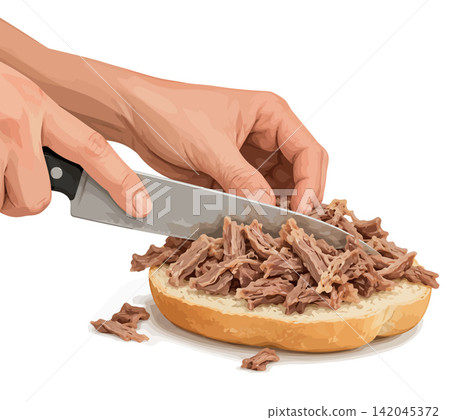 Vsai hands shredding meat for a pulled pork sandwich Vsai hands shredding meat for a pulled pork sandwich 142045372
