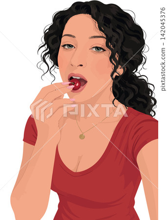 Vsai young woman enjoying a sweet red cherry Vsai young woman enjoying a sweet red cherry 142045376