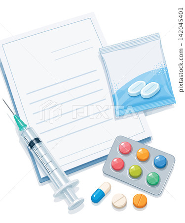 Vsai medical form with syringe and various medications Vsai medical form with syringe and various medications 142045401