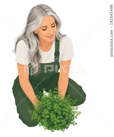 Woman with grey hair tending a lush plant 142045496