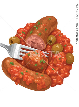 Italian sausages and meatball with tomato sauce and olives 142045497