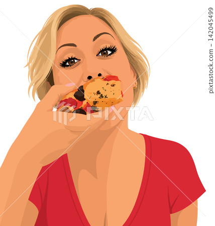 Blonde woman enjoying eating a slice of pizza Blonde woman enjoying eating a slice of pizza 142045499