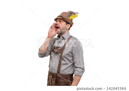 Bearded man in Bavarian outfit shouting sideways on white ISOLATED background 142045569