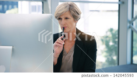 Employee, thinking and senior woman with computer, solution and online reading for project and choice. Professional, lawyer or attorney with pc or problem solving with email or decision with planning Employee, thinking and senior woman with computer, solution and online reading for project and choice. Professional, lawyer or attorney with pc or problem solving with email or decision with planning 142045593