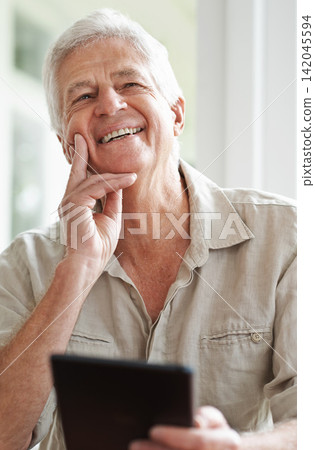Senior man, tablet and laugh for thought in home, comedy and streaming comic on social media. Elderly male person, funny internet blog and thinking on memory to relax, happy and online in retirement Senior man, tablet and laugh for thought in home, comedy and streaming comic on social media. Elderly male person, funny internet blog and thinking on memory to relax, happy and online in retirement 142045594