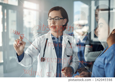 Doctor, woman and writing on glass board for medical solution, teaching and problem solving in university. Healthcare students, nurse and professor for orthopedic training and steps of spine injury Doctor, woman and writing on glass board for medical solution, teaching and problem solving in university. Healthcare students, nurse and professor for orthopedic training and steps of spine injury 142045598