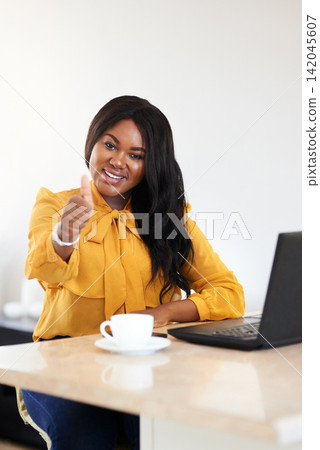 Thumbs up, laptop and portrait of black woman in office with approval or agreement for online b2b deal. Smile, coffee and African professional female property manager with computer in workplace. 142045607