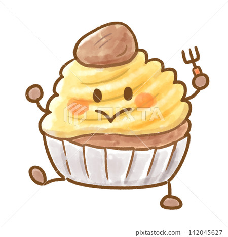 A cute watercolor-style Mont Blanc character, an illustration of a chestnut cake holding a fork. A cute watercolor-style Mont Blanc character, an illustration of a chestnut cake holding a fork. 142045627