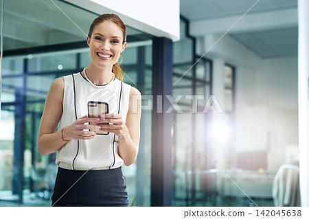 Portrait, smile and woman in office with phone, networking and communication with online connection to chat. Tech, business and consultant in lobby with internet, scroll or social media on smartphone Portrait, smile and woman in office with phone, networking and communication with online connection to chat. Tech, business and consultant in lobby with internet, scroll or social media on smartphone 142045638